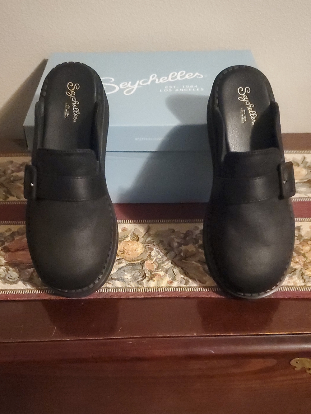 Seychelles Black Or Brown Buckle Leather Mules.